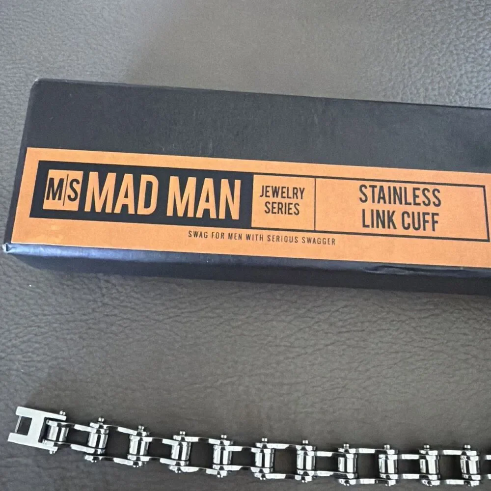 Mad Man Men’s Stainless Steel Link Cuff Bracelet Industrial Chain NIB 8.75”